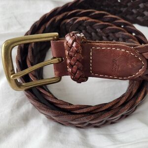 Polo Ralph Lauren Braided Leather Belt With Embossed Pony Logo & Brass Hardware